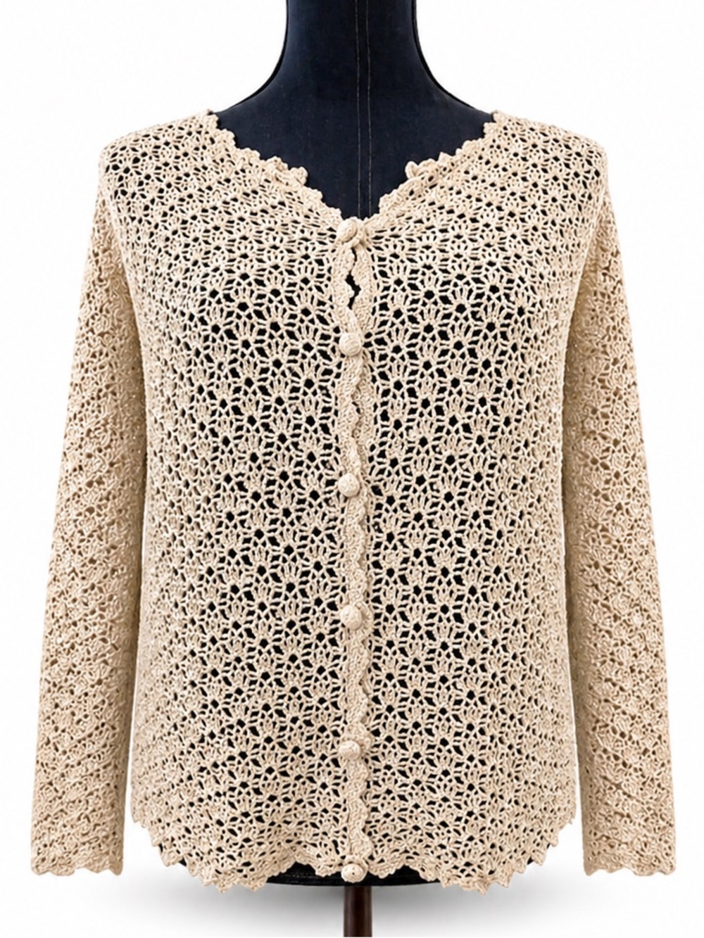 Kate Hill Petite Crochet Cardigan Linen Rayon Beige Boho Open Knit Med Sweater